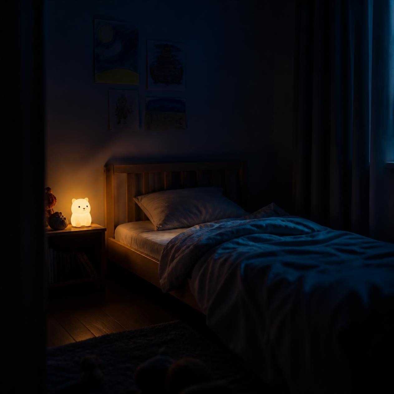 Chambre d'enfant dans la pénombre illustrant les difficultés d'endormissement et l'angoisse nocturne